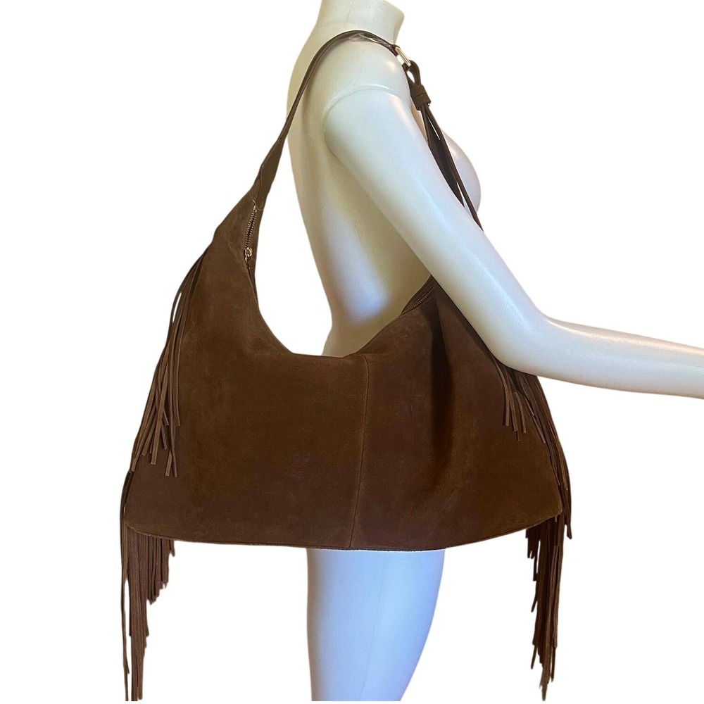Sam Edelman Fringe Hobo Bag Brown Suede Leather Slouchy Boho Western Festival